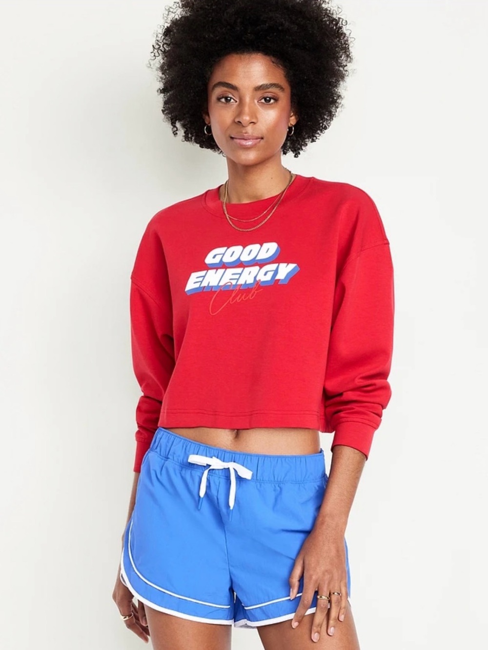 Old Navy Red Cropped Sweatshirt with White & Blue Graphic